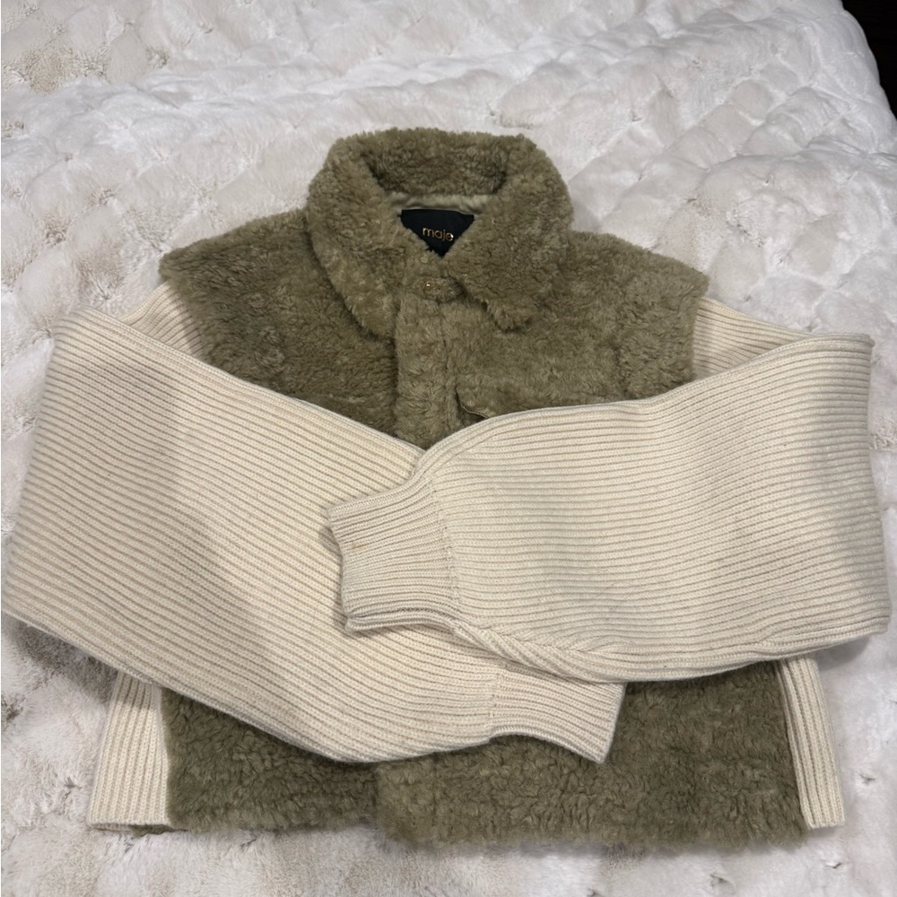 Maje Cream Teddy Jacket with Cozy Fleece and Chunky Knit